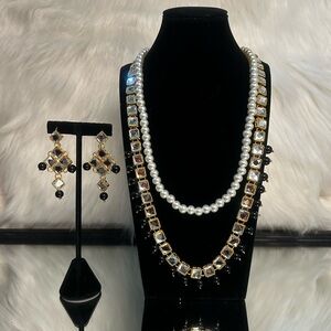 Black Gold Pearls Kundan Necklace With Earrings